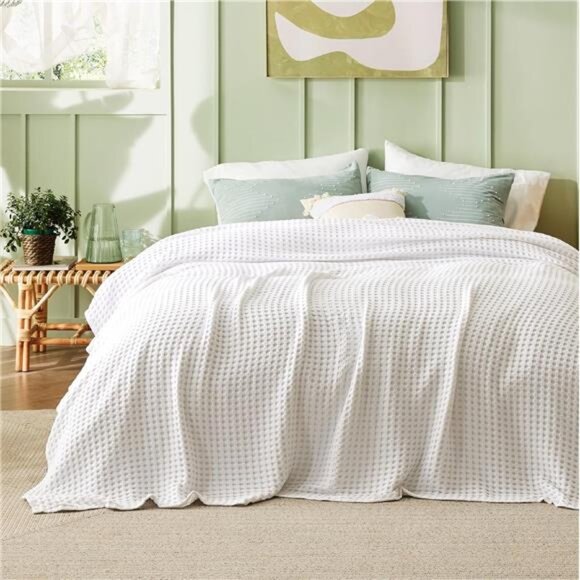 Cooling Cotton Waffle Queen Size Blanket - Lightweight Breathable Summer Blanket - Picture 6 of 7
